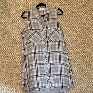 Bella Dahl Gray and Pink Plaid Sleeveless Button Tunic